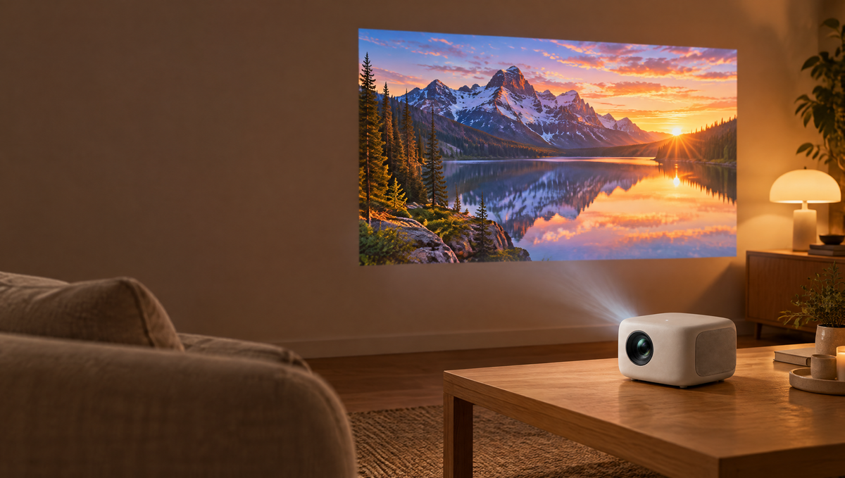Pocketreel Mini projecting onto a living room wall